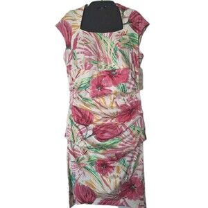 SANGRIA Ruched Dress Size 10 Bold Floral Print Square Neck Cap Sleeve Cotton New
